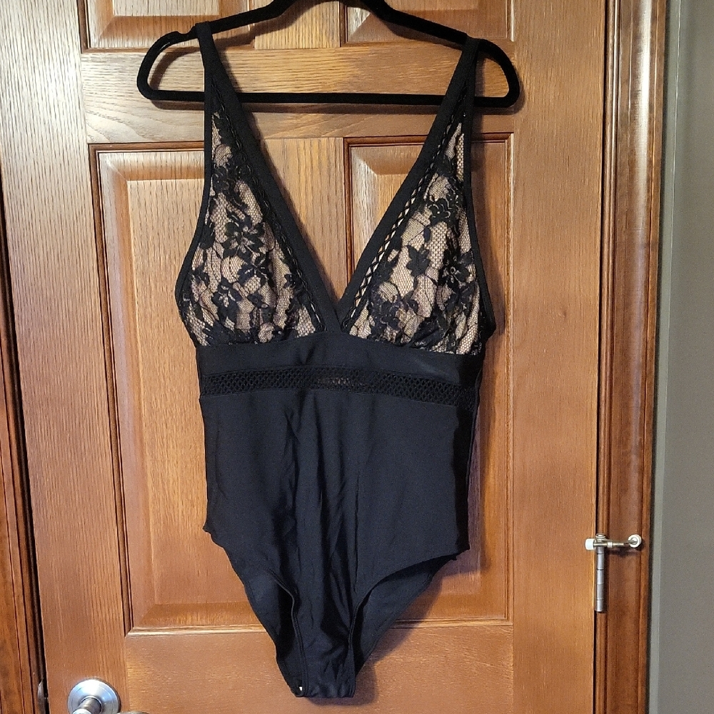 Black Lace Plunge Bathing Suit